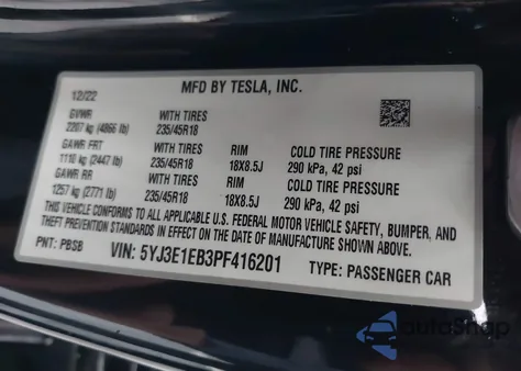 2023 Tesla Model 3 Long Range Dual Motor All-Wheel Drive из США, поврежденный, VIN 5YJ3E1EB3PF416201